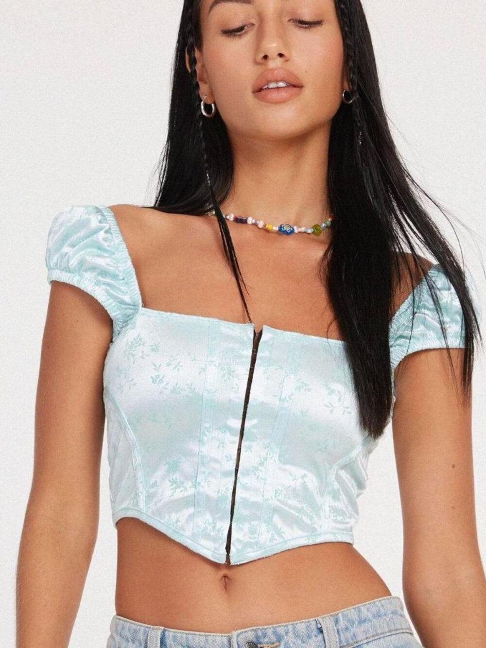 Motel Mint Green Satin Floral Corset Crop Top M